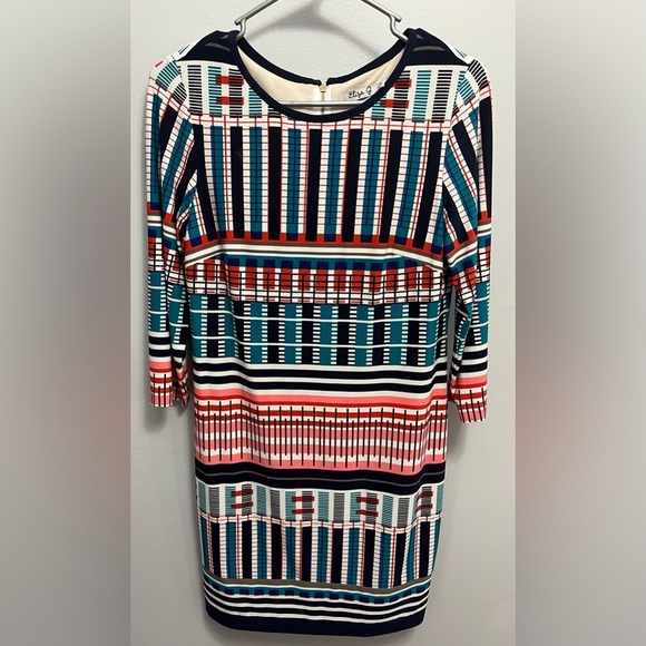 Eliza J Dress Mini Stretch Knit Geometric Print Stripe Crewneck 3/4 Sleeve Sz 6P - Picture 4 of 7